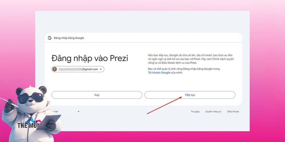 Nhấn tiếp tục để đăng ký Prezi bằng tài khoản google