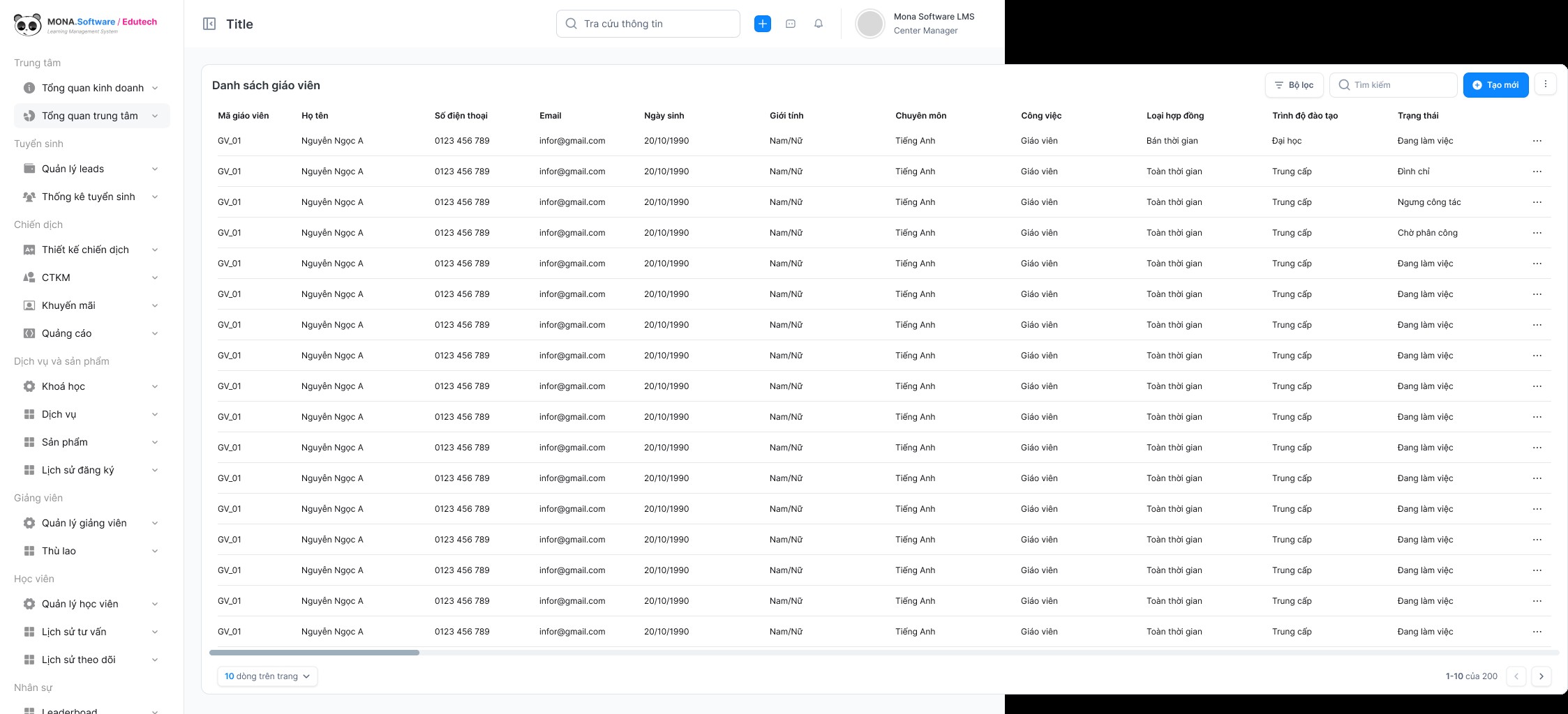 Tính năng quản lý giáo viên