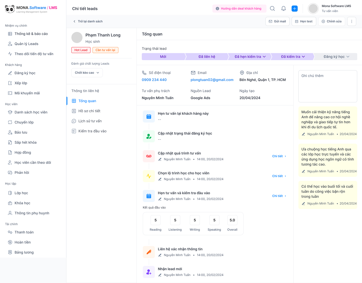 Tính năng quản lý leads cho trung tâm