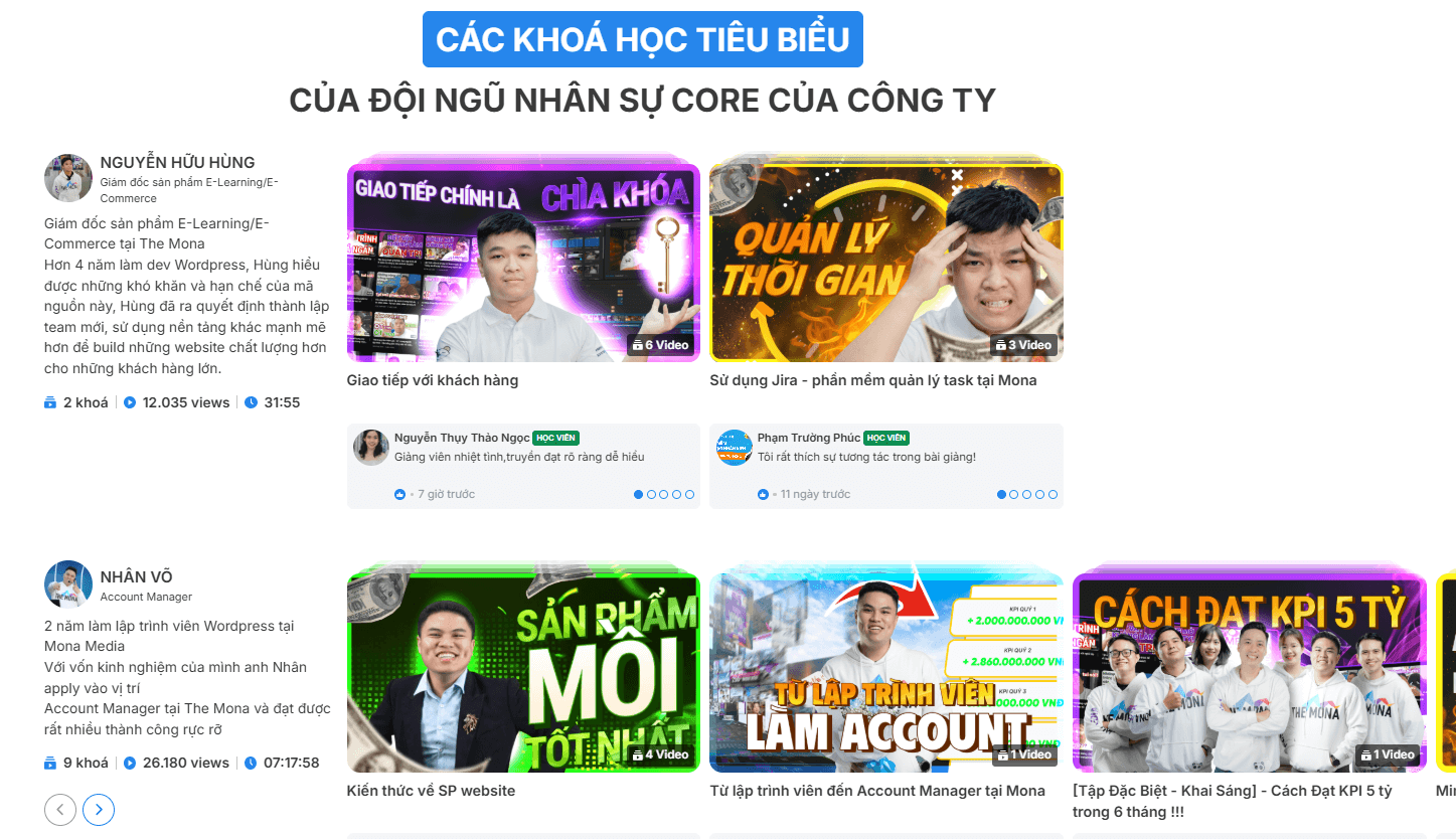 Các khóa học của nhân sự MONA trên SkillHub 3.0