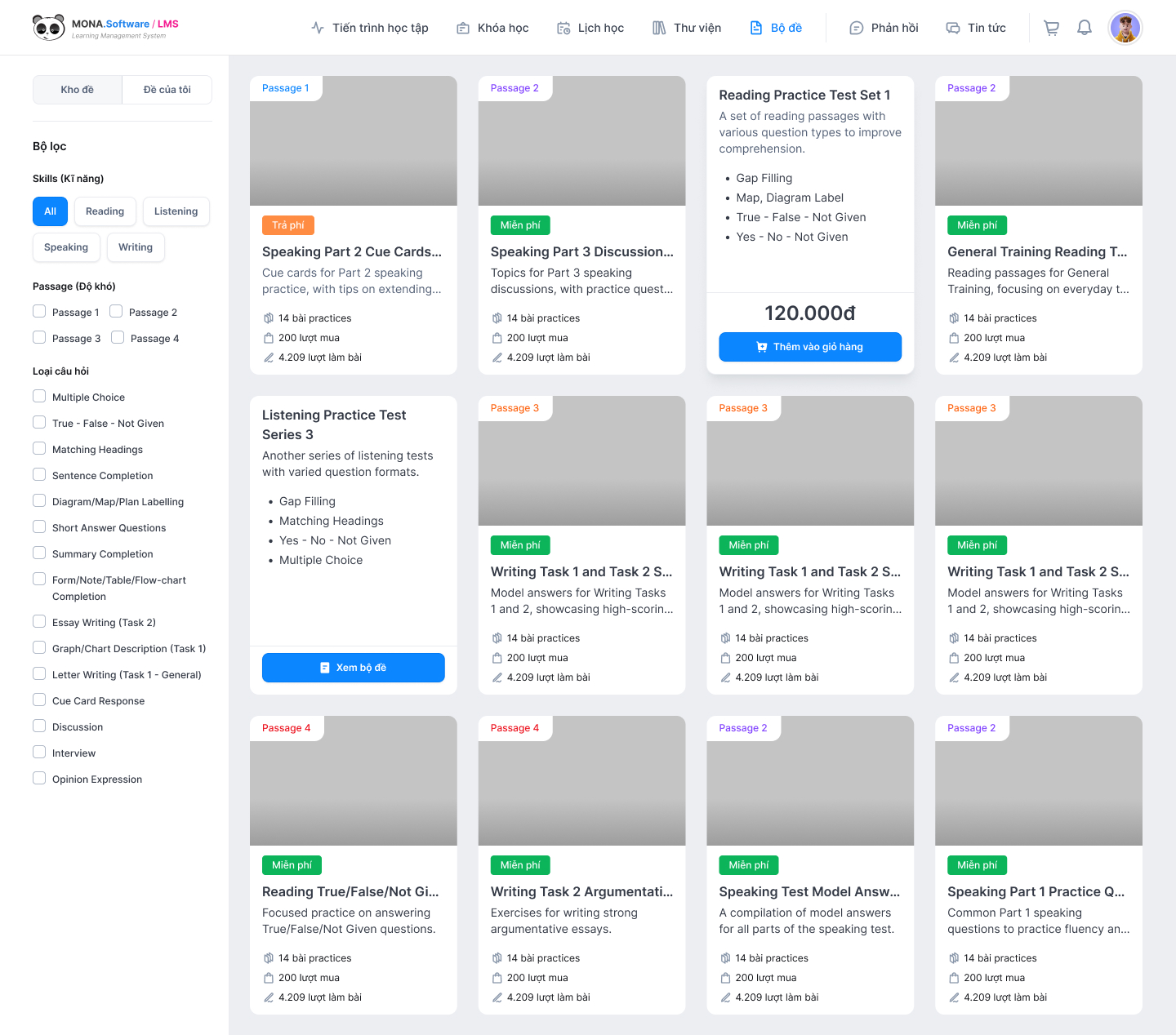Tính năng quản lý ngân hàng đề thi và câu hỏi