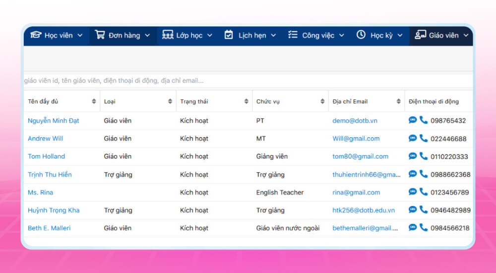 Phần mềm quản lý giáo viên trung tâm DotB EMS