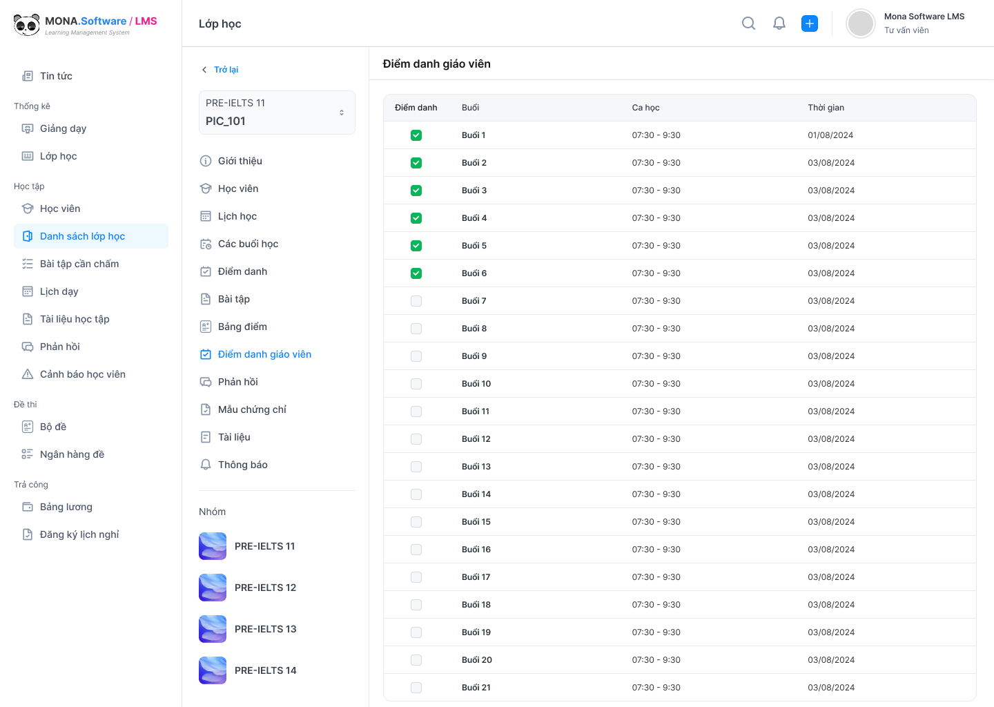 Tính năng quản lý điểm danh