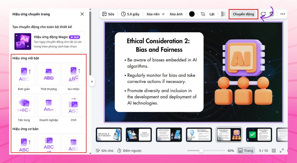 Chèn hiệu ứng trong bài giảng Thao tác chèn hiệu ứng tạo bài giảng trên Canva