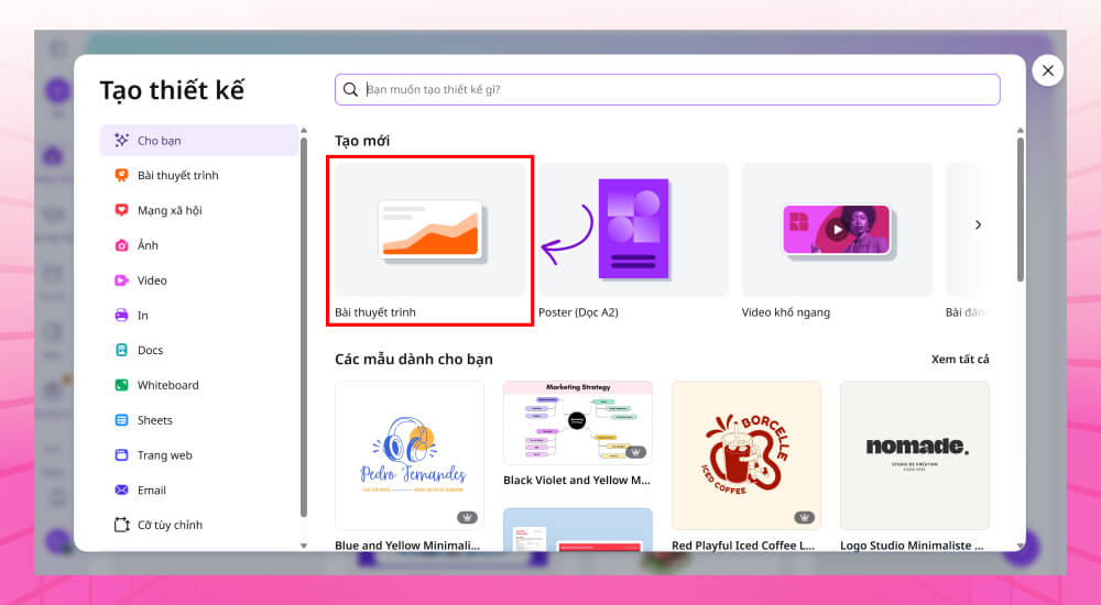 Thao tác tạo slide thiết kế Tùy chọn tạo thiết kế slide trên Canva