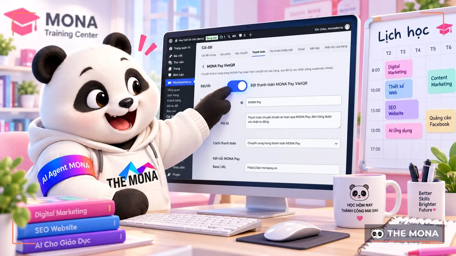 Gấu MONA gạt công tắc bật VietQR trên trang cài đặt website trung tâm, bên cạnh