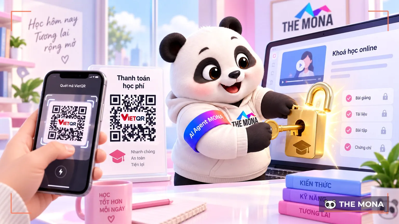 học viên (bàn tay) quét QR học phí, gấu mở khoá ổ khoá trên khoá