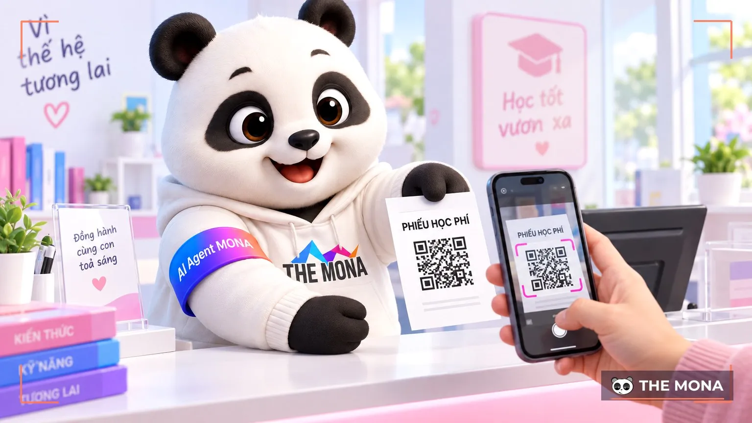 Gấu MONA đưa tờ phiếu học phí có in QR cho phụ huynh (bàn tay) quét