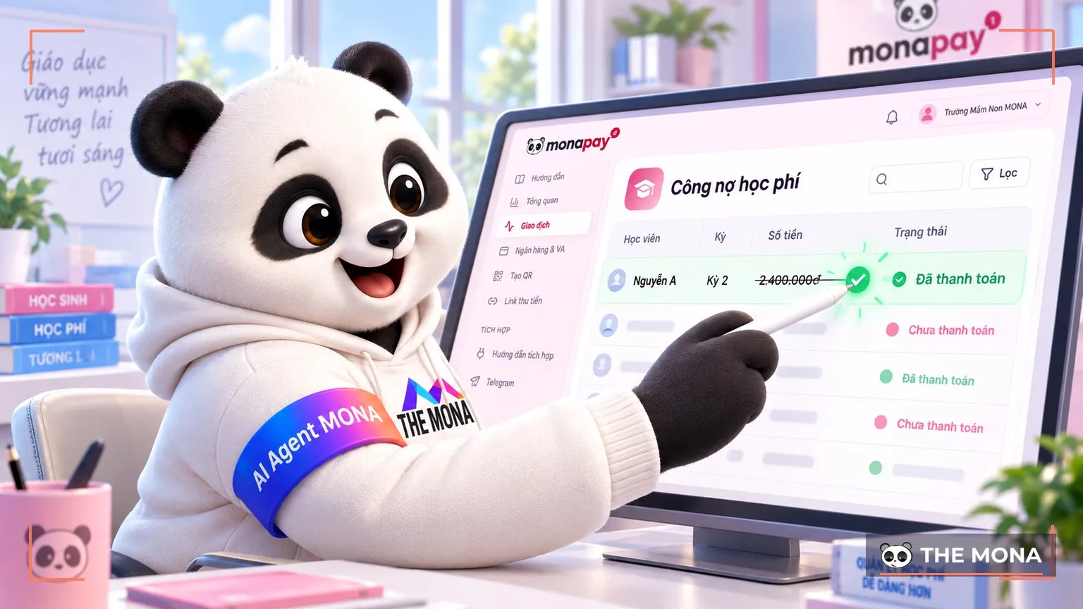 Gấu MONA xem bảng công nợ học phí, dòng nợ tự gạch khi tiền vào